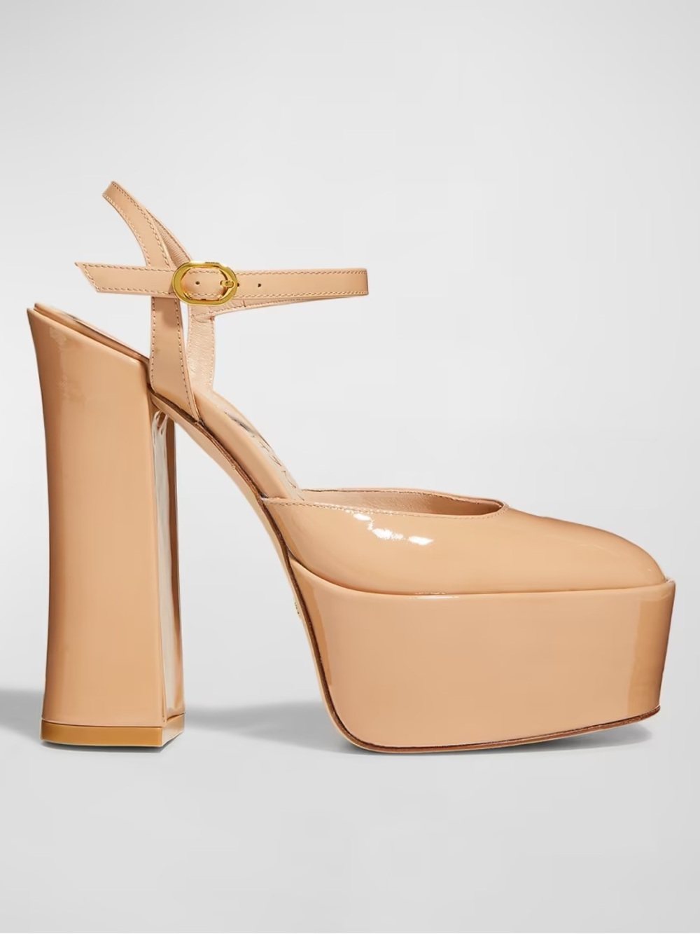 Stuart Weitzman Skyhigh Patent Leather Ankle-Strap Pump Block Heels Closed Toe
